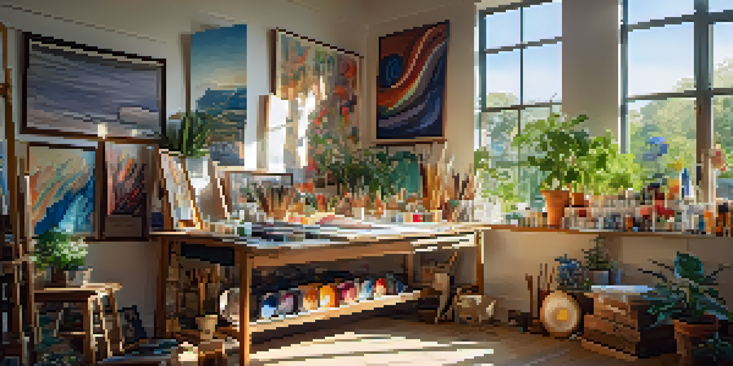 An art studio with colorful crafting materials and sunlight streaming through windows, illuminating various art projects on a wooden table.