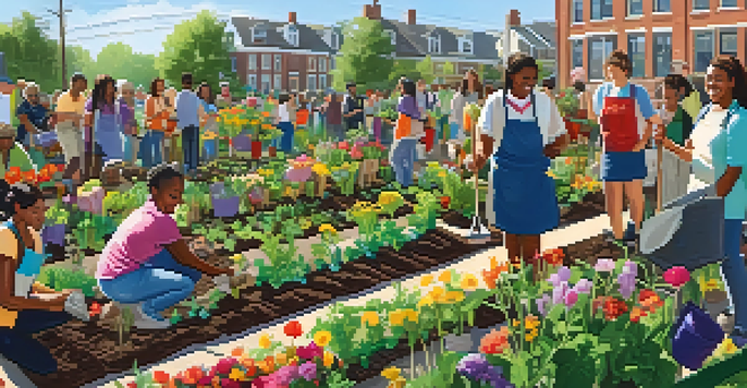 Students and community members planting flowers and vegetables in a vibrant community garden.