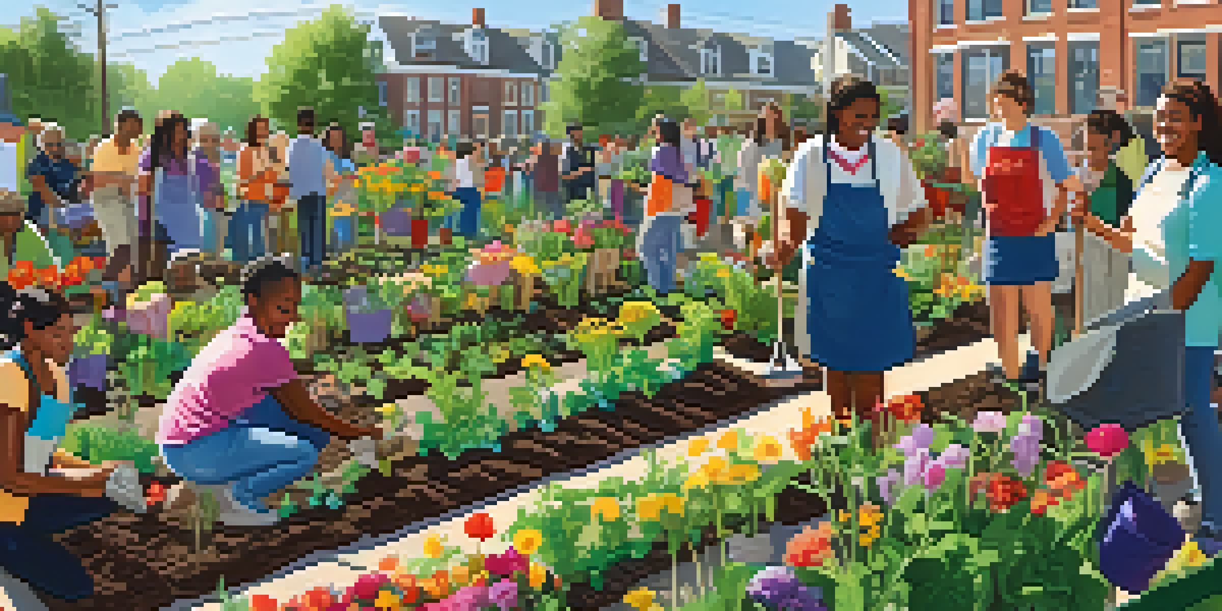 Students and community members planting flowers and vegetables in a vibrant community garden.