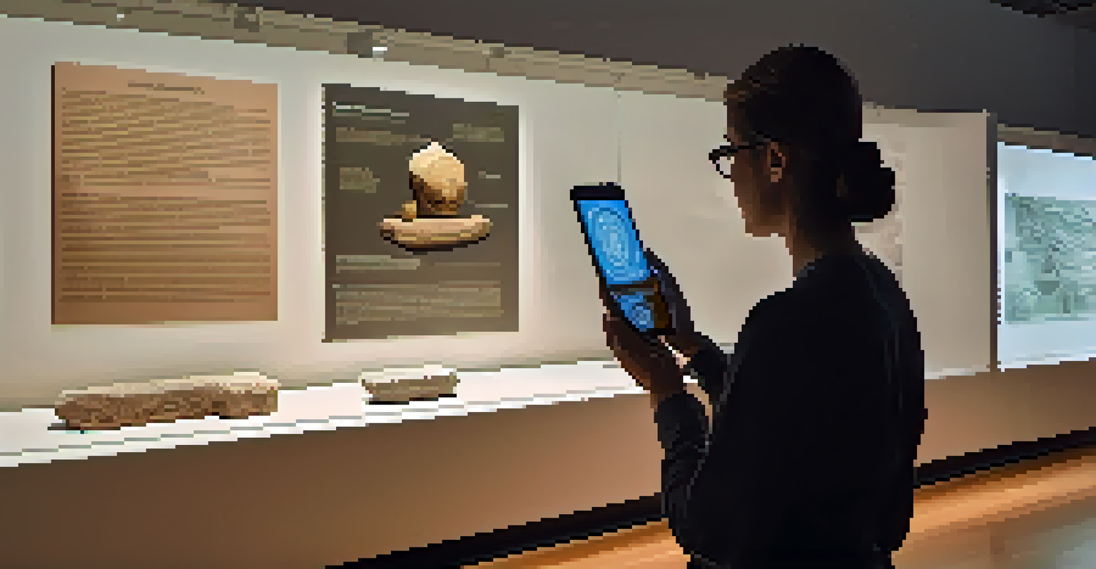A visitor at a museum using a smartphone to view augmented reality information about an ancient artifact, with digital overlays enhancing the experience.