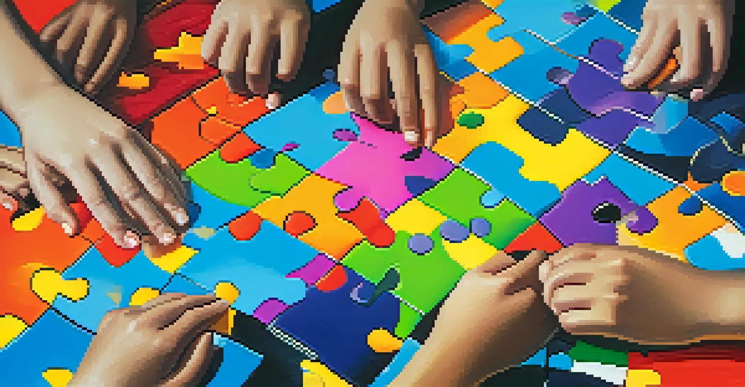 A close-up of students' hands assembling a colorful puzzle together, representing teamwork and collaboration.