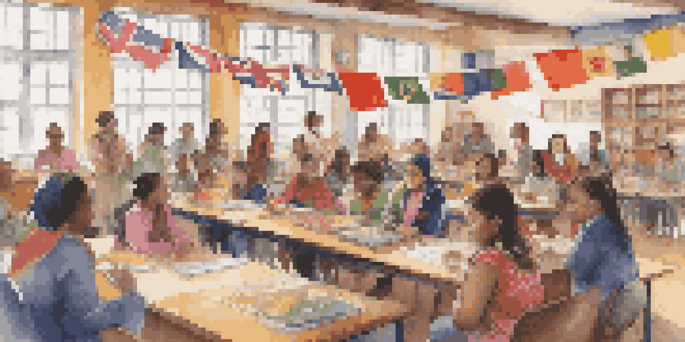 A lively classroom where students from various cultures are participating in a cultural awareness event, with decorations and traditional clothing.