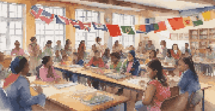 A lively classroom where students from various cultures are participating in a cultural awareness event, with decorations and traditional clothing.