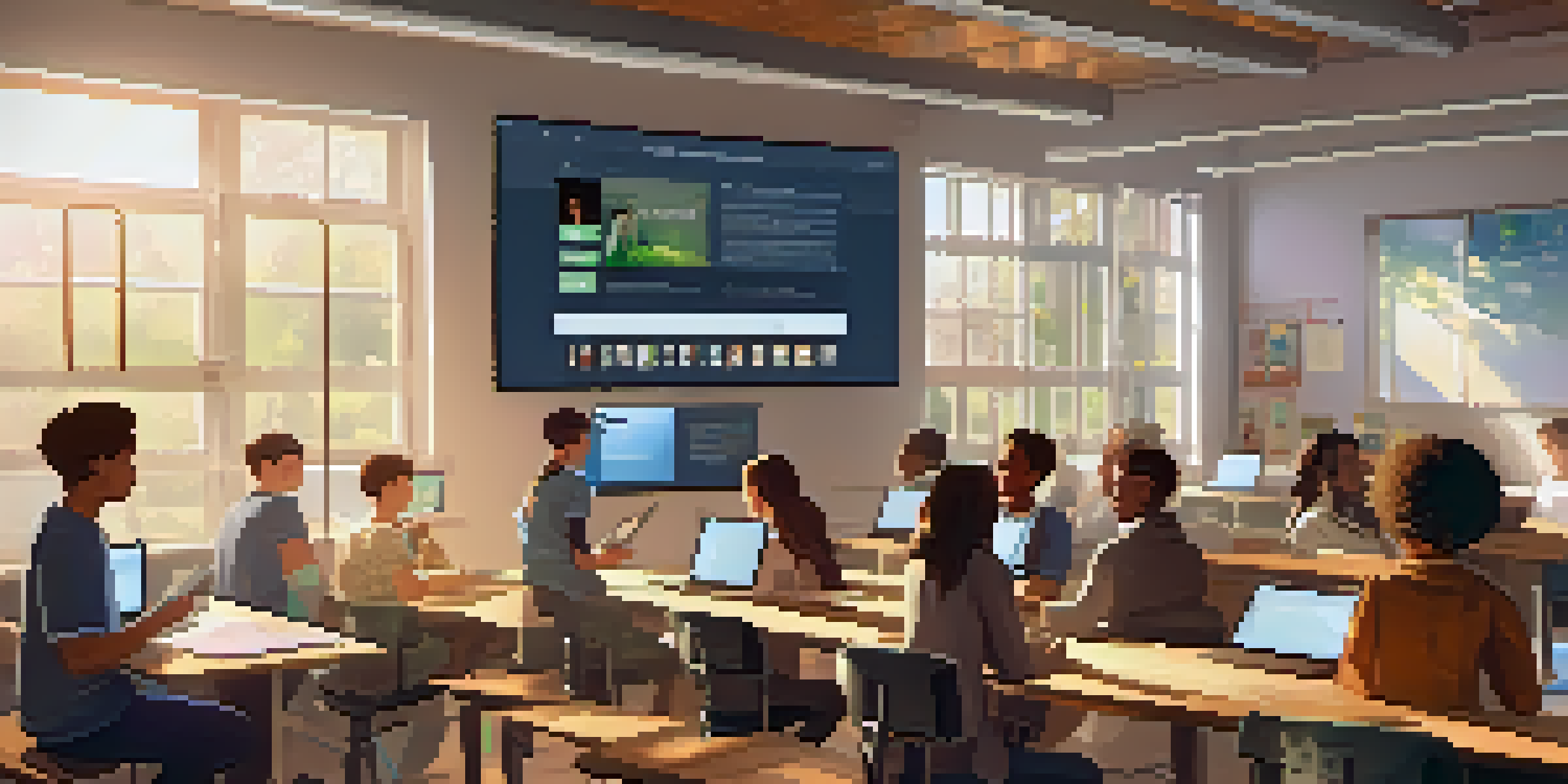 A diverse group of students participating in a virtual classroom, providing feedback to each other with sunlight illuminating the scene.
