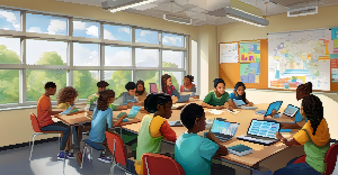 A lively classroom with diverse students collaborating on a project at a round table, surrounded by sunlight and educational materials.