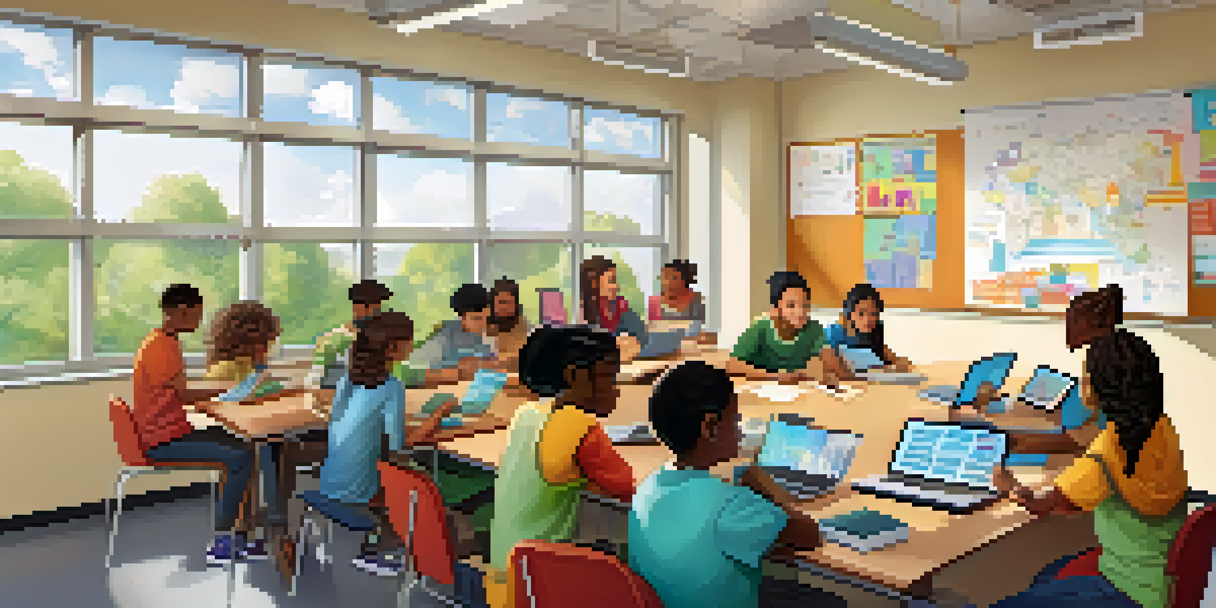 A lively classroom with diverse students collaborating on a project at a round table, surrounded by sunlight and educational materials.