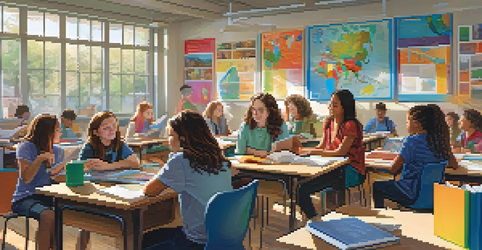 A lively classroom where students of diverse backgrounds collaborate on educational projects, with bright colors and natural light enhancing the atmosphere.