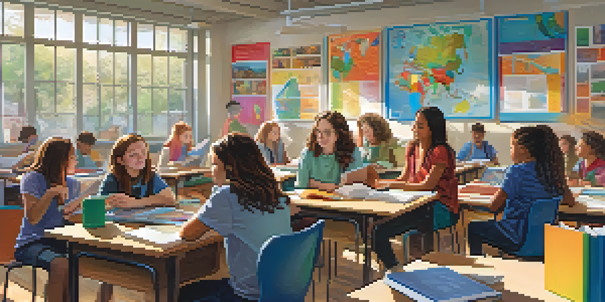 A lively classroom where students of diverse backgrounds collaborate on educational projects, with bright colors and natural light enhancing the atmosphere.