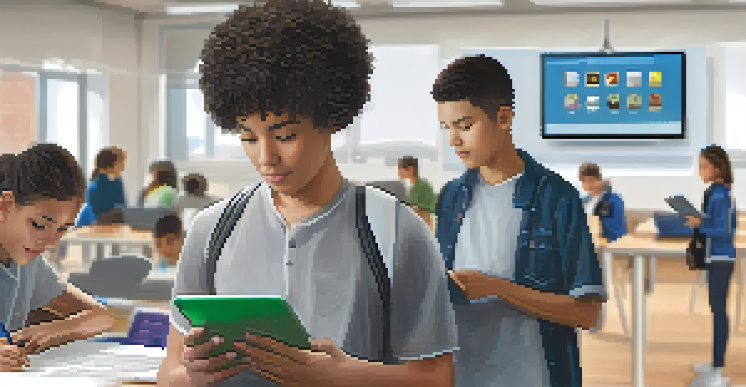 A student analyzing their work on a tablet, surrounded by peers also using technology for self-assessment in a contemporary classroom.