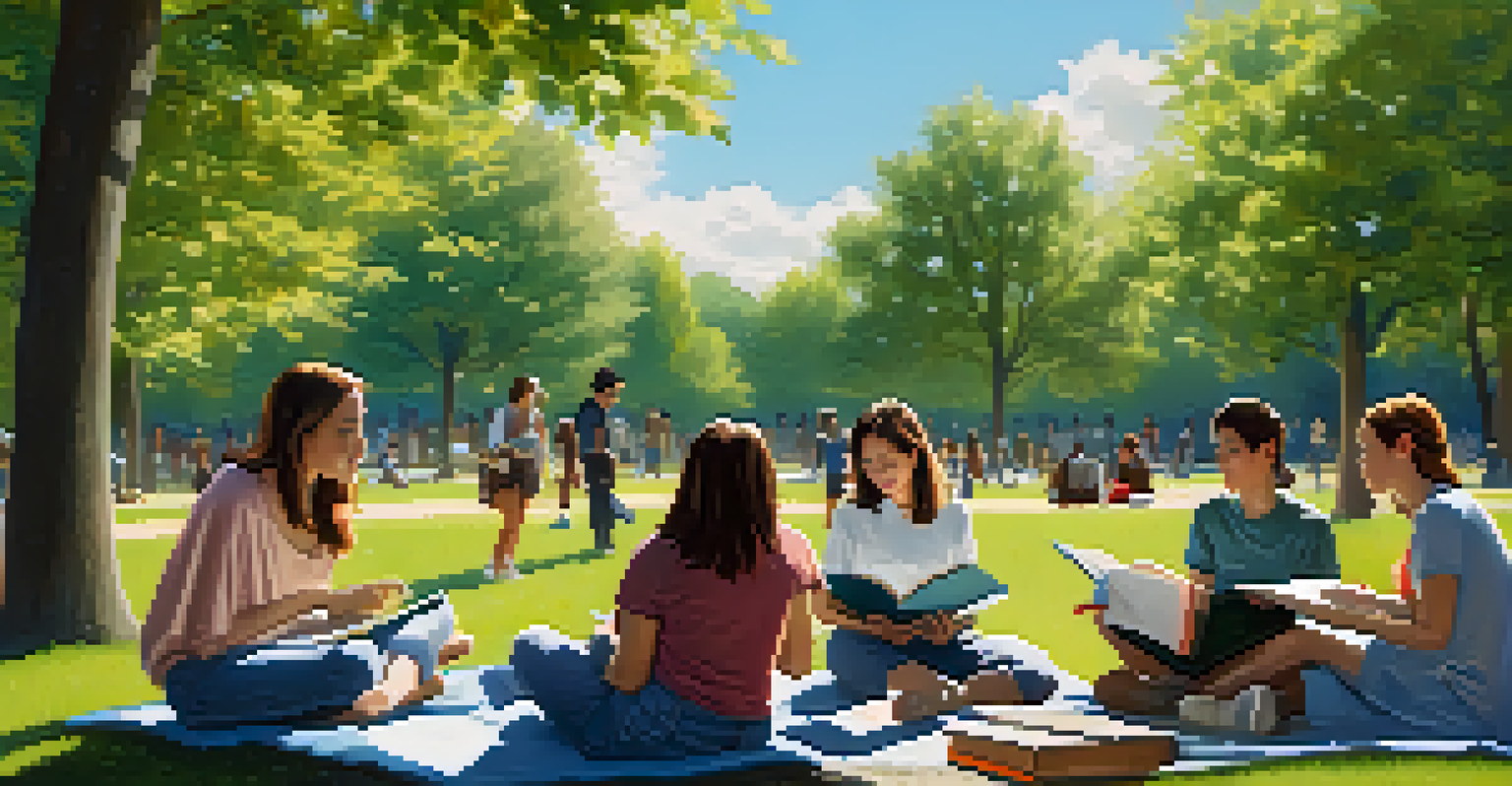 A diverse group of students studying together in a park, surrounded by nature on a sunny day.