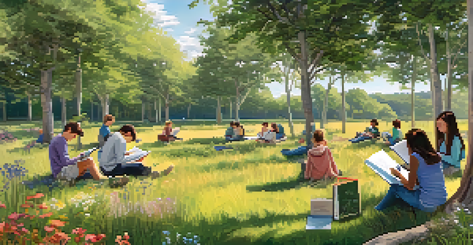Students in an outdoor environment sketching the local ecosystem in their nature journals, surrounded by trees and flowers under a clear blue sky.