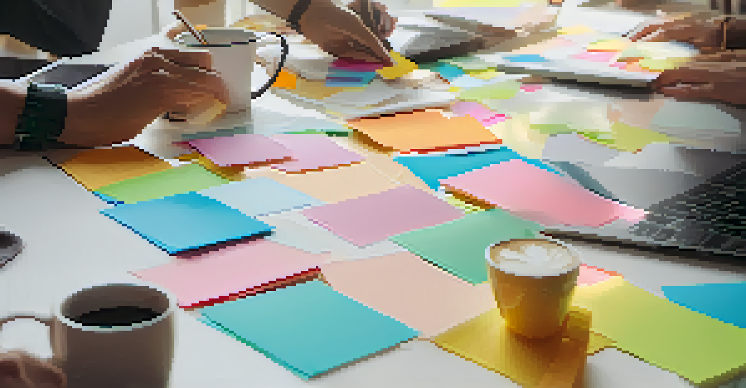 Close-up of hands collaborating on a project with sticky notes and laptops on a table.