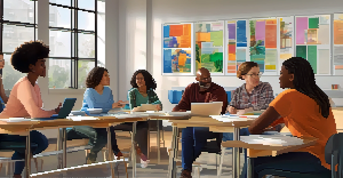 A diverse group of adult learners engaged in discussion in a bright classroom, surrounded by educational posters, promoting inclusivity.
