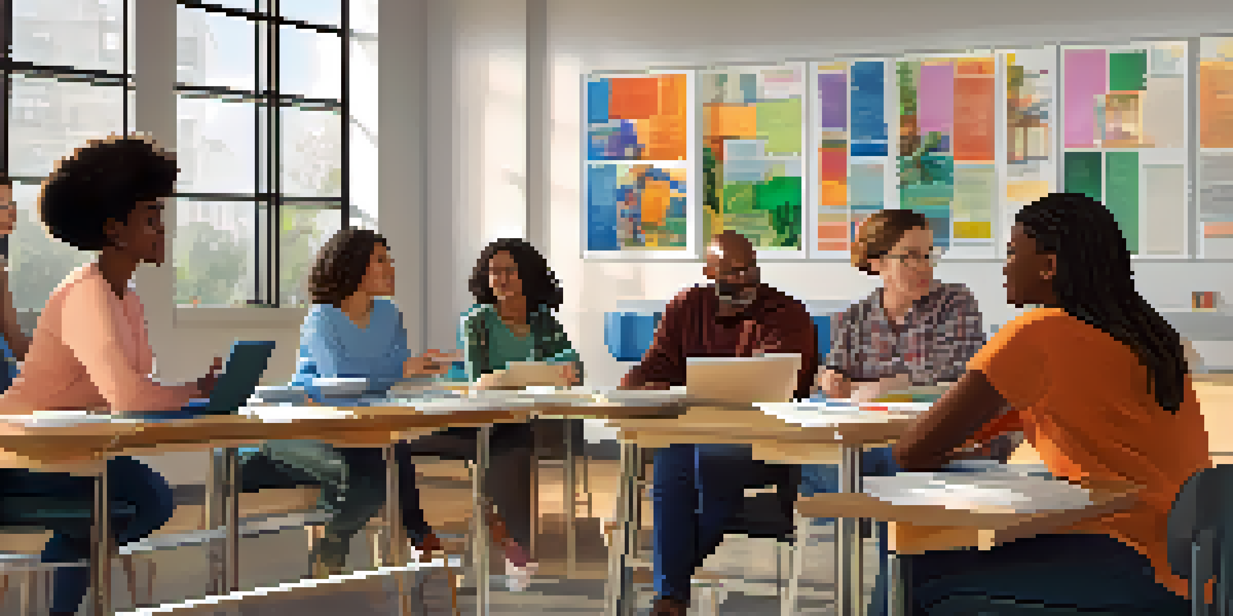 A diverse group of adult learners engaged in discussion in a bright classroom, surrounded by educational posters, promoting inclusivity.