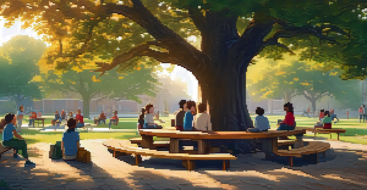 An outdoor classroom under a large oak tree, with students and a teacher engaged in a lesson about ecosystems during golden hour.
