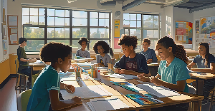 A diverse group of students working together in a bright classroom on an interdisciplinary project, surrounded by colorful educational materials.