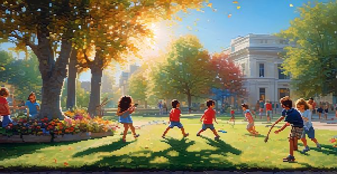 Children playing in a sunny park, building a fort with sticks and leaves, surrounded by greenery and flowers.