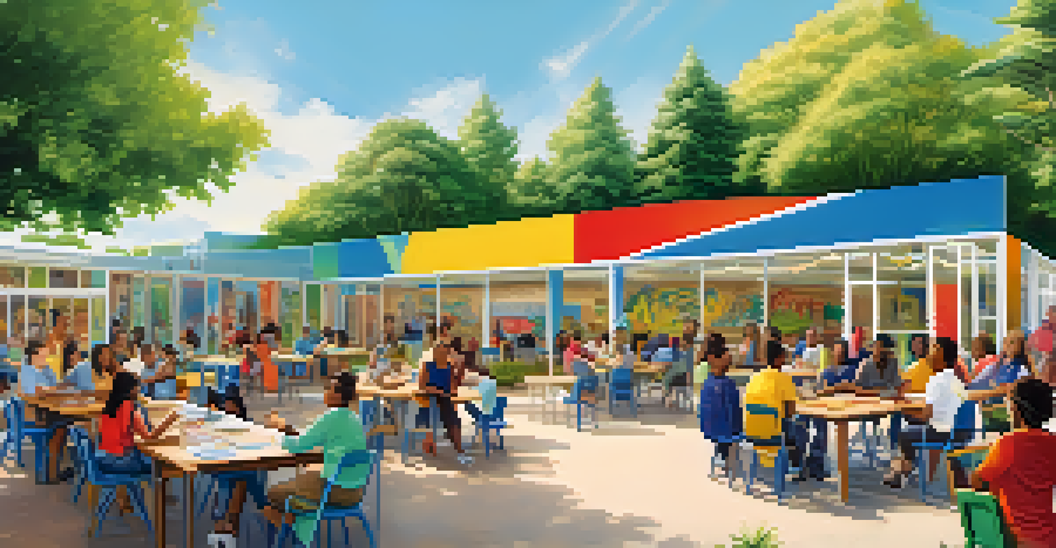 A community learning center with a mural and diverse people working together outdoors, promoting lifelong learning.