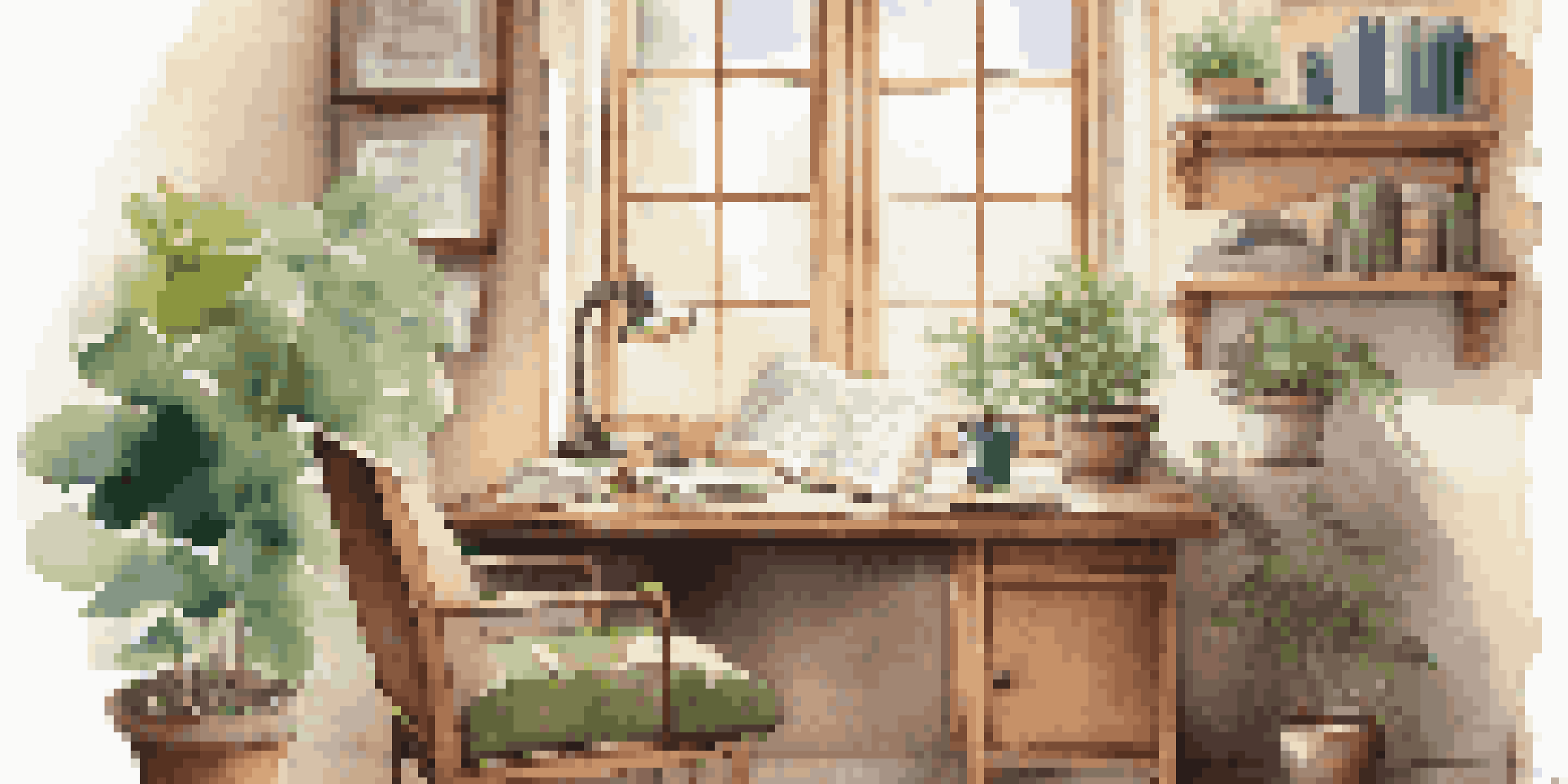 A cozy study space with a wooden desk, an open journal, a cup of tea, and a green plant, illuminated by warm sunlight from a window.