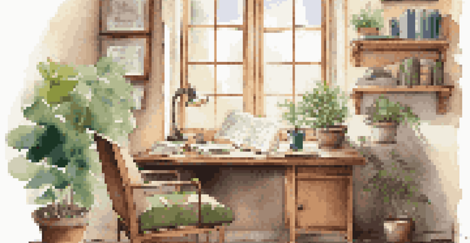 A cozy study space with a wooden desk, an open journal, a cup of tea, and a green plant, illuminated by warm sunlight from a window.