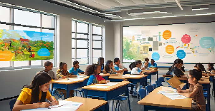 A vibrant classroom with diverse students using technology for learning, guided by a teacher.