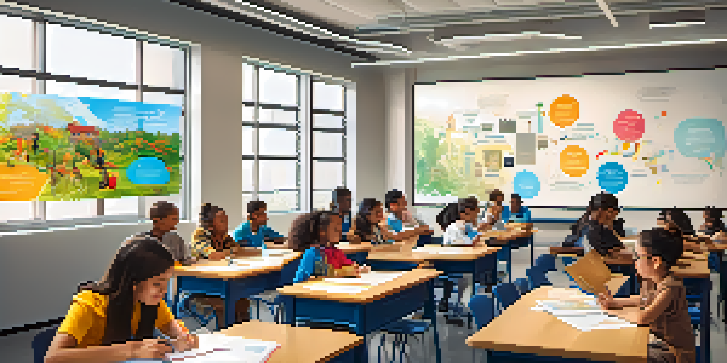 A vibrant classroom with diverse students using technology for learning, guided by a teacher.