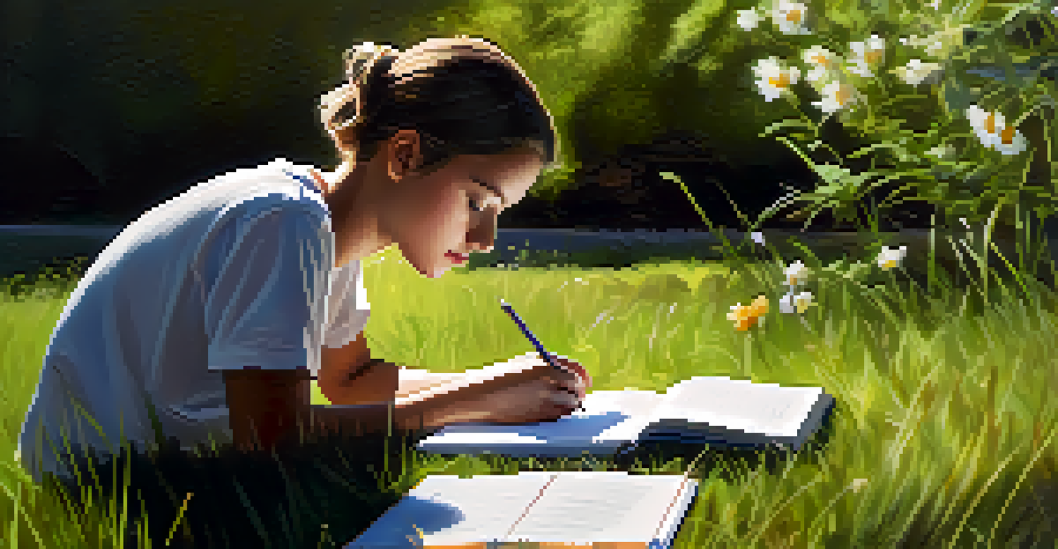 A student sitting on grass, sketching a flower in a notebook, with sunlight illuminating their focused expression and nature in the background.