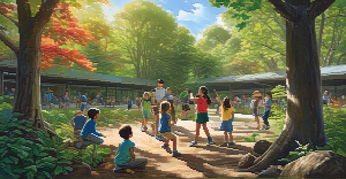 Children joyfully participating in a nature scavenger hunt in a sunlit forest, surrounded by green trees and plants.