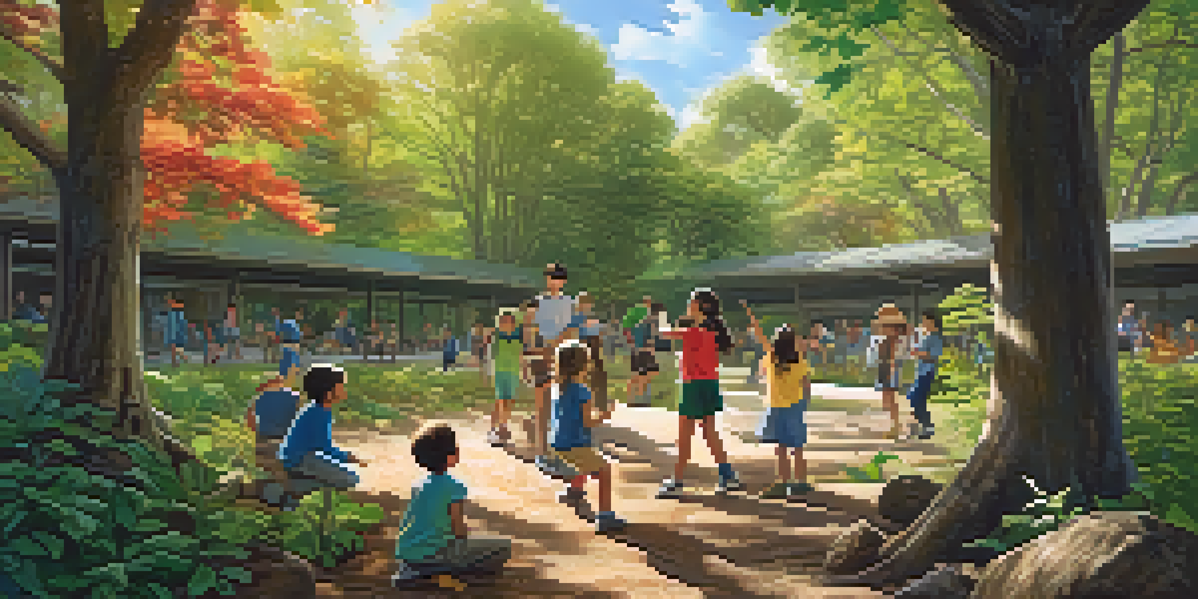 Children joyfully participating in a nature scavenger hunt in a sunlit forest, surrounded by green trees and plants.