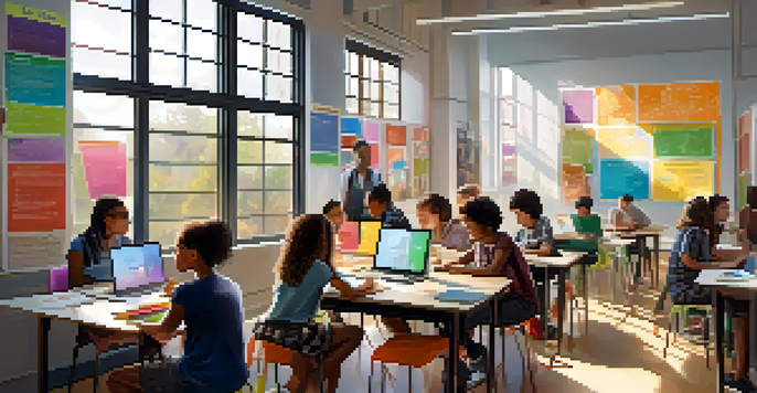 A vibrant classroom filled with diverse students collaborating on a project, illuminated by natural light from large windows.