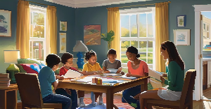 A family sitting together in a living room, working on homework with educational materials scattered around.