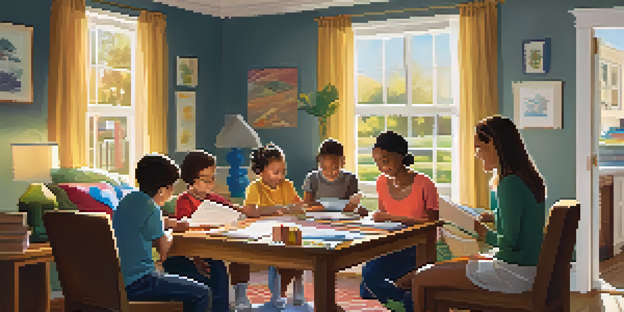 A family sitting together in a living room, working on homework with educational materials scattered around.