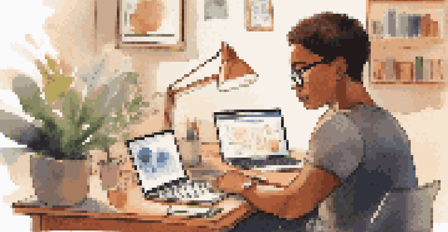 A focused student studying in a cozy room with a laptop, notes, and a houseplant in the background.