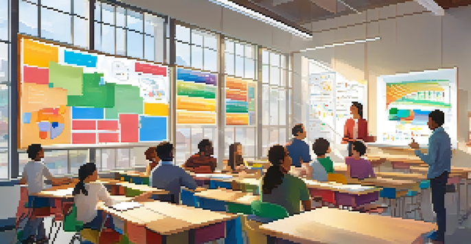 A bright classroom with diverse educators discussing data visualizations on a large screen, filled with sunlight and colorful charts.