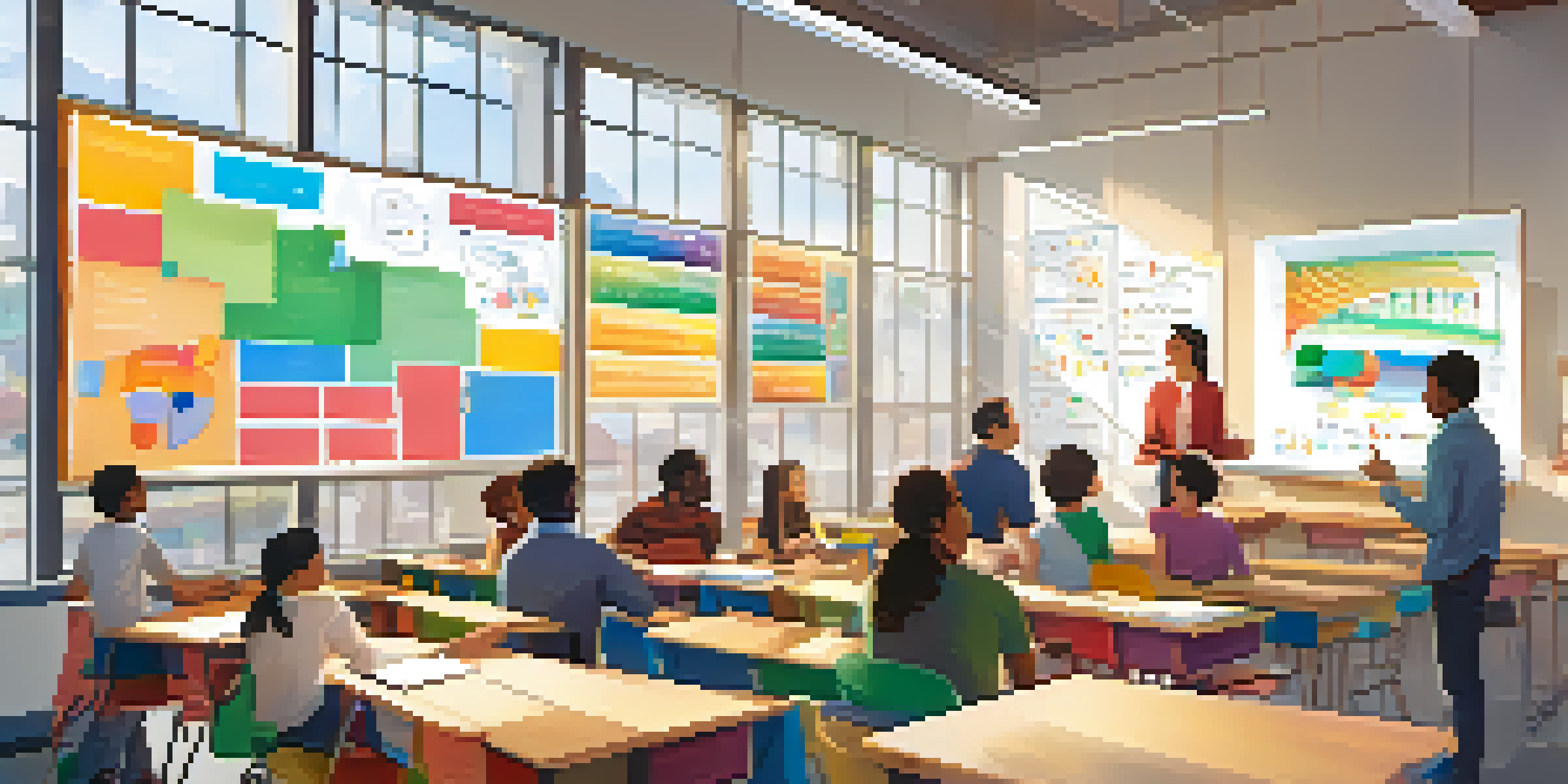 A bright classroom with diverse educators discussing data visualizations on a large screen, filled with sunlight and colorful charts.