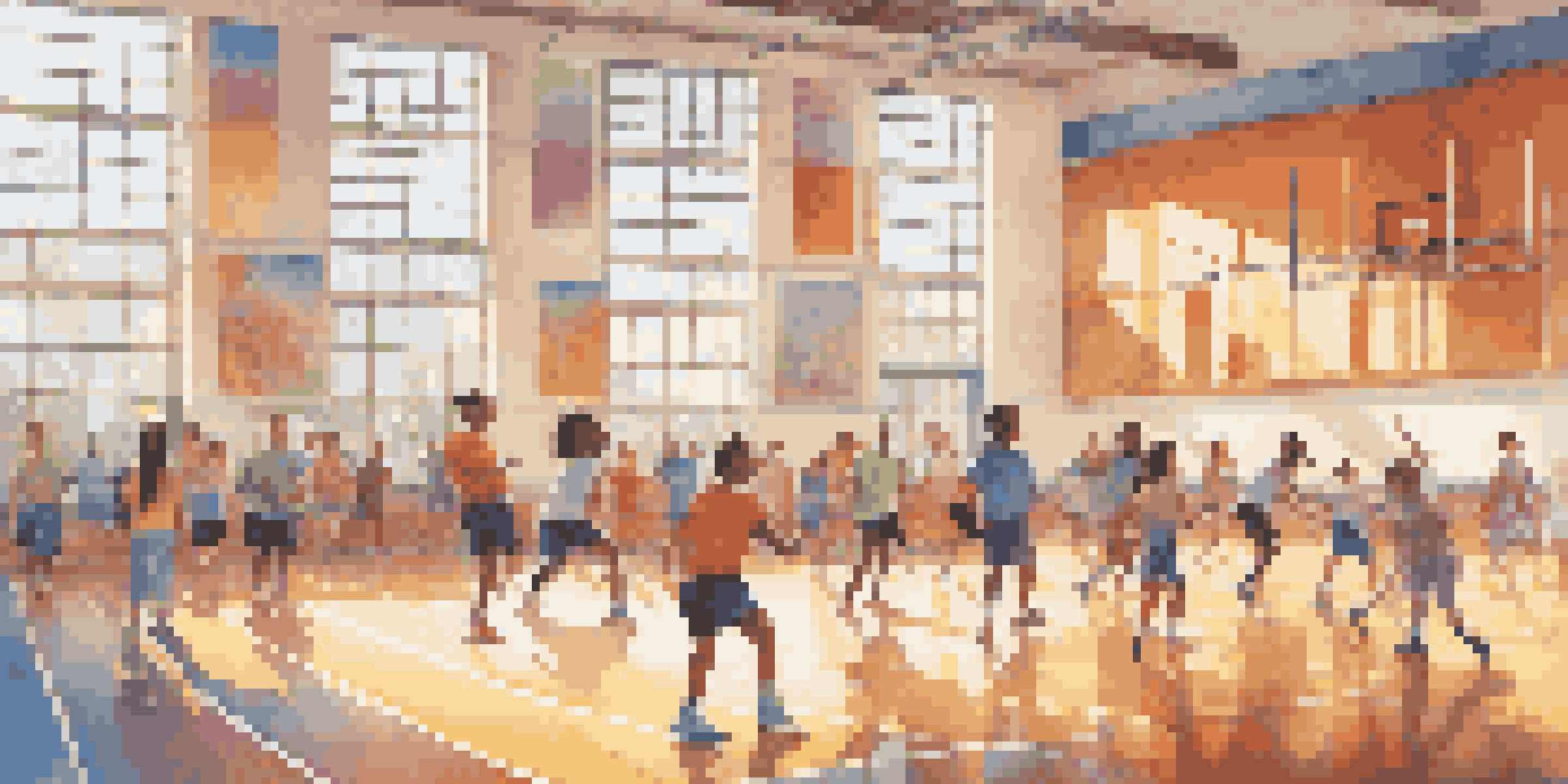 A lively school gym with students participating in different physical activities like basketball, gymnastics, and dance, with sunlight coming through big windows.