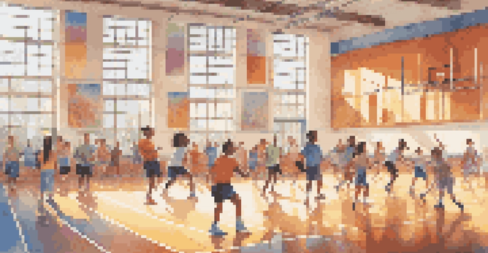 A lively school gym with students participating in different physical activities like basketball, gymnastics, and dance, with sunlight coming through big windows.