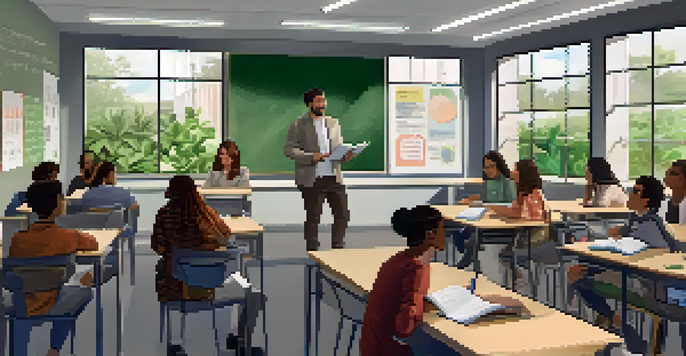 A classroom where students are listening to podcasts, engaged and taking notes, with a teacher facilitating the discussion.