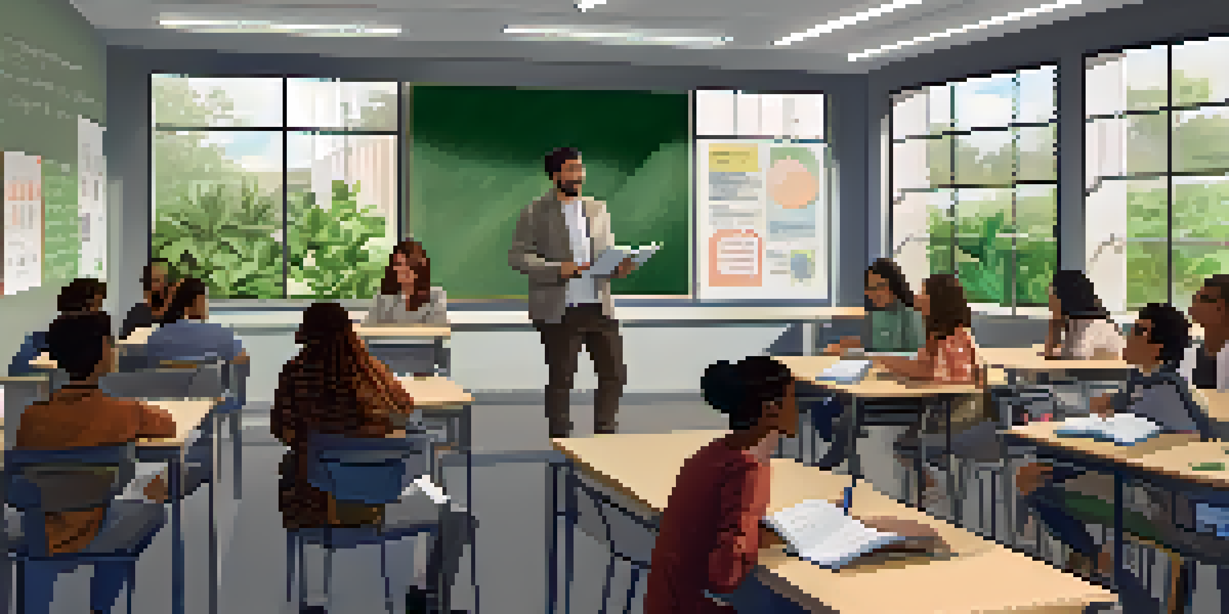 A classroom where students are listening to podcasts, engaged and taking notes, with a teacher facilitating the discussion.