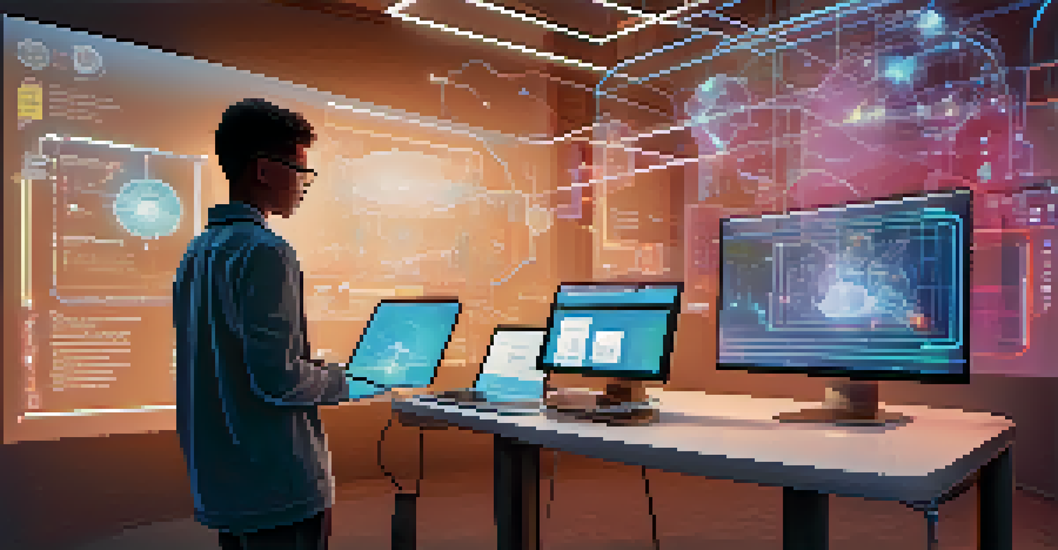 A student interacting with a holographic AI feedback system in a modern learning environment.