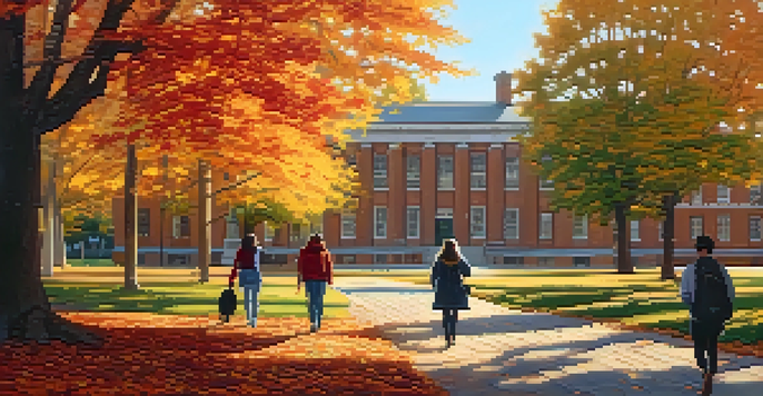 A peaceful college campus in autumn with students walking among colorful fallen leaves and a historic building in the background.