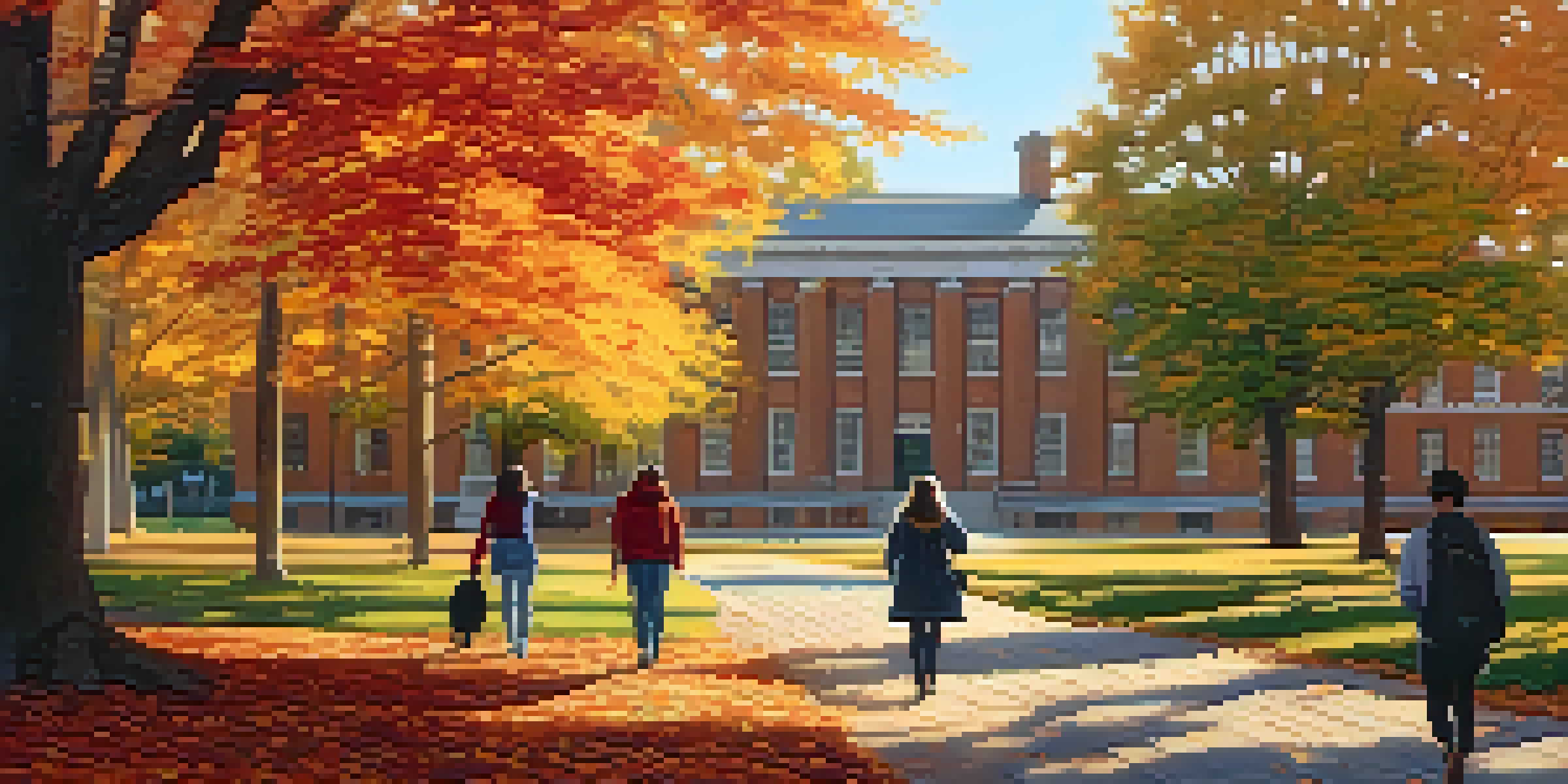 A peaceful college campus in autumn with students walking among colorful fallen leaves and a historic building in the background.