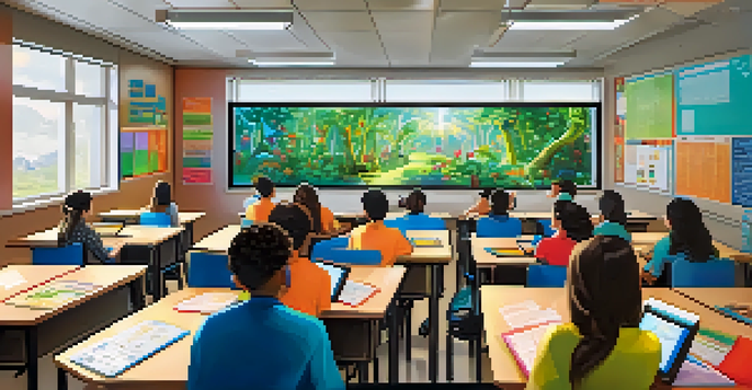 A colorful classroom with students using multimedia tools like laptops and tablets, engaged in learning.