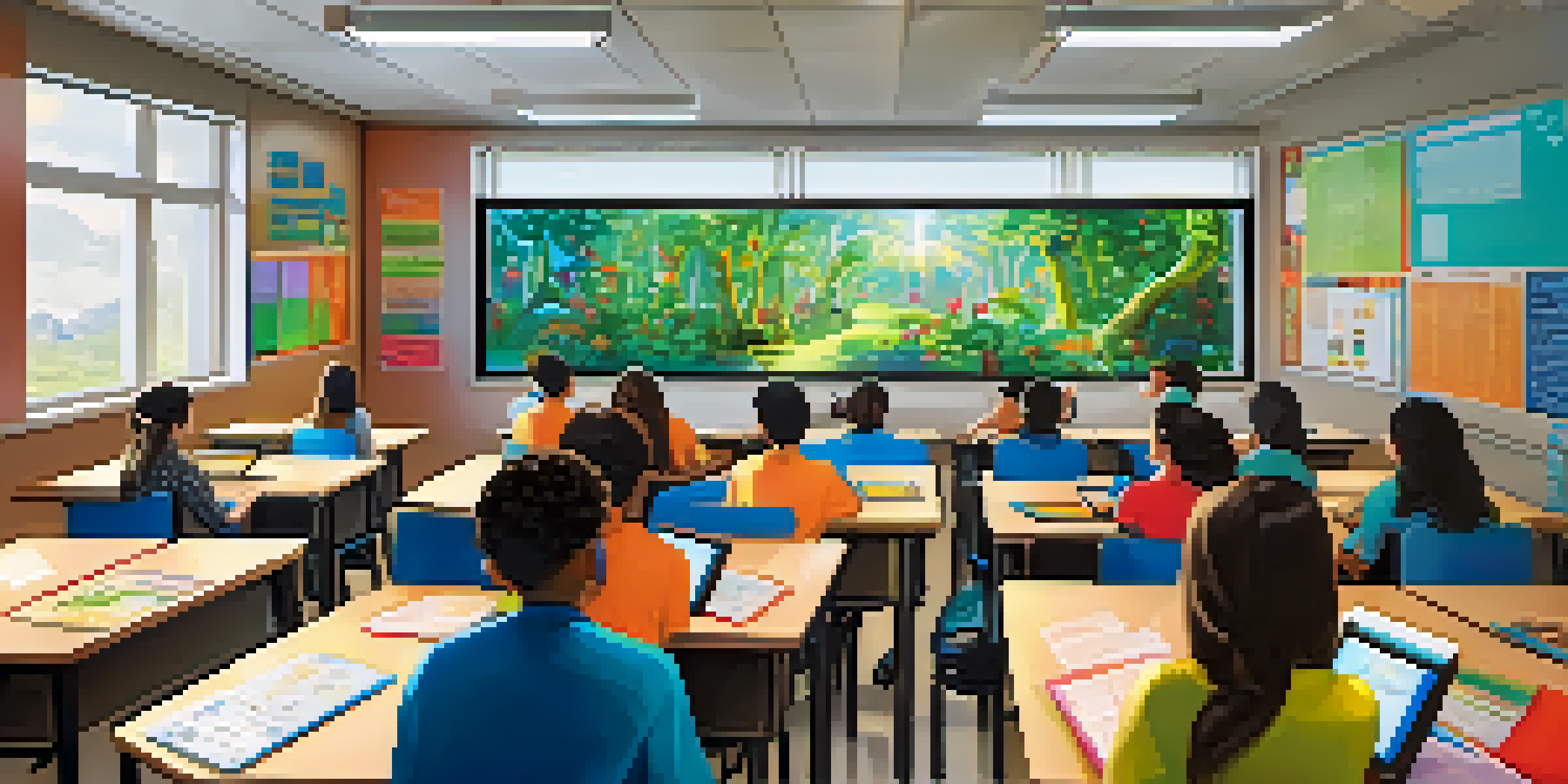 A colorful classroom with students using multimedia tools like laptops and tablets, engaged in learning.