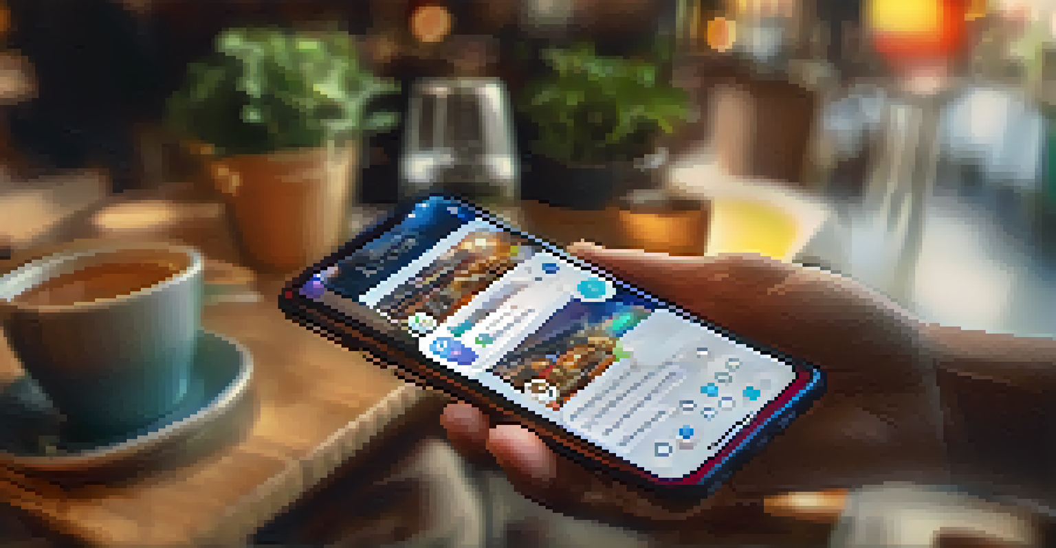 A close-up of a smartphone showing social media notifications in a cozy café setting.