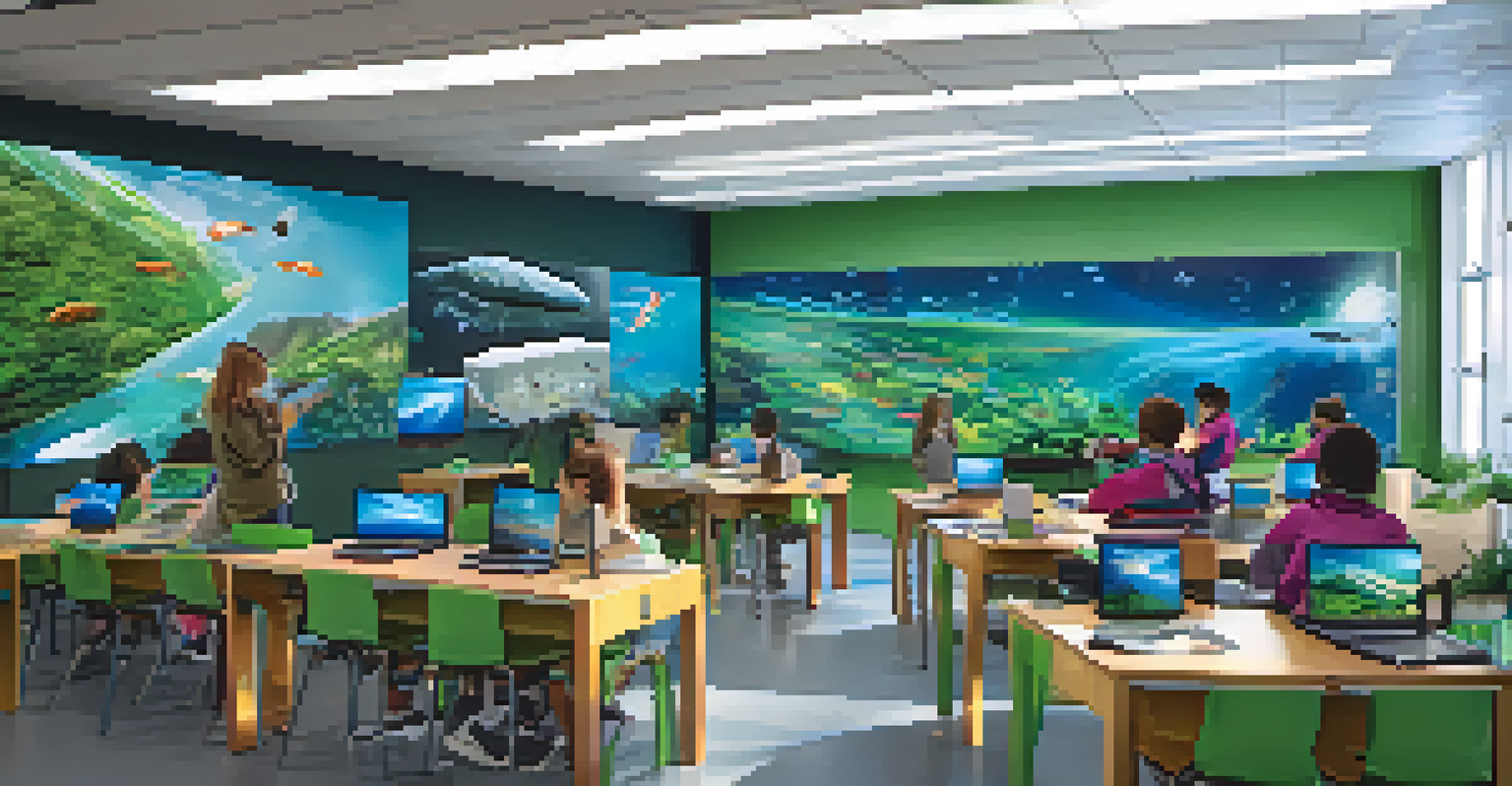 Students wearing virtual reality headsets in a futuristic classroom, exploring ecosystems and environmental scenarios, surrounded by tech gadgets.