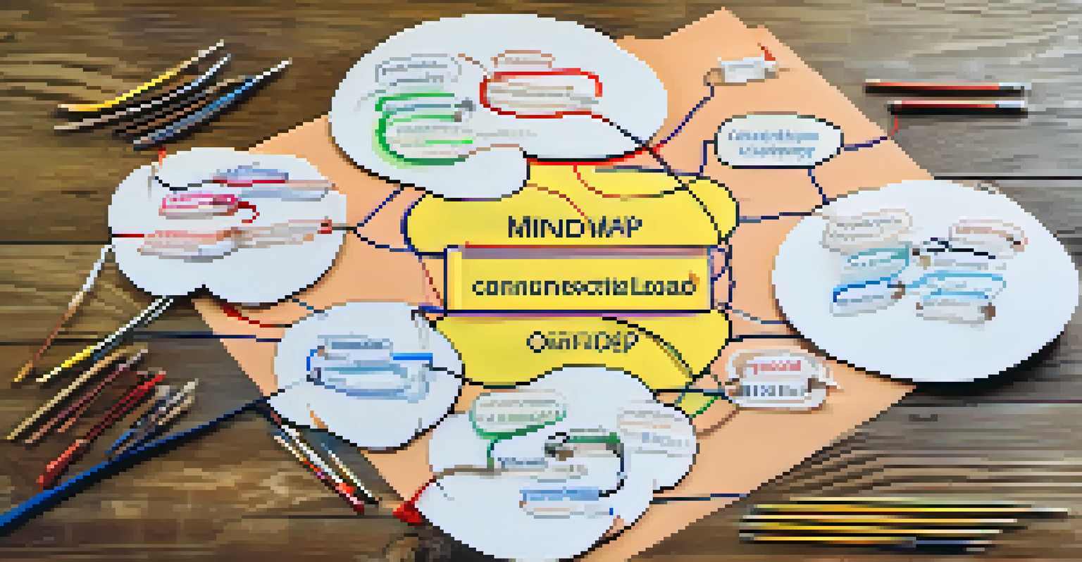 A colorful mind map illustrating interconnected concepts of cognitive load, laid out on a wooden table.