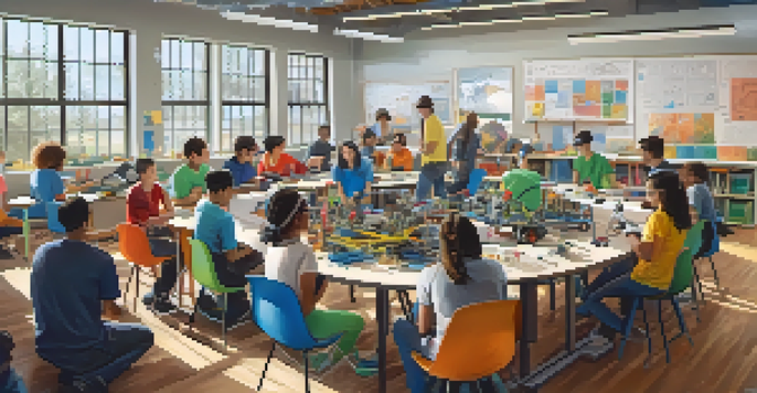A diverse group of students working together in a bright classroom on a robotics project, with colorful materials and a whiteboard in the background.
