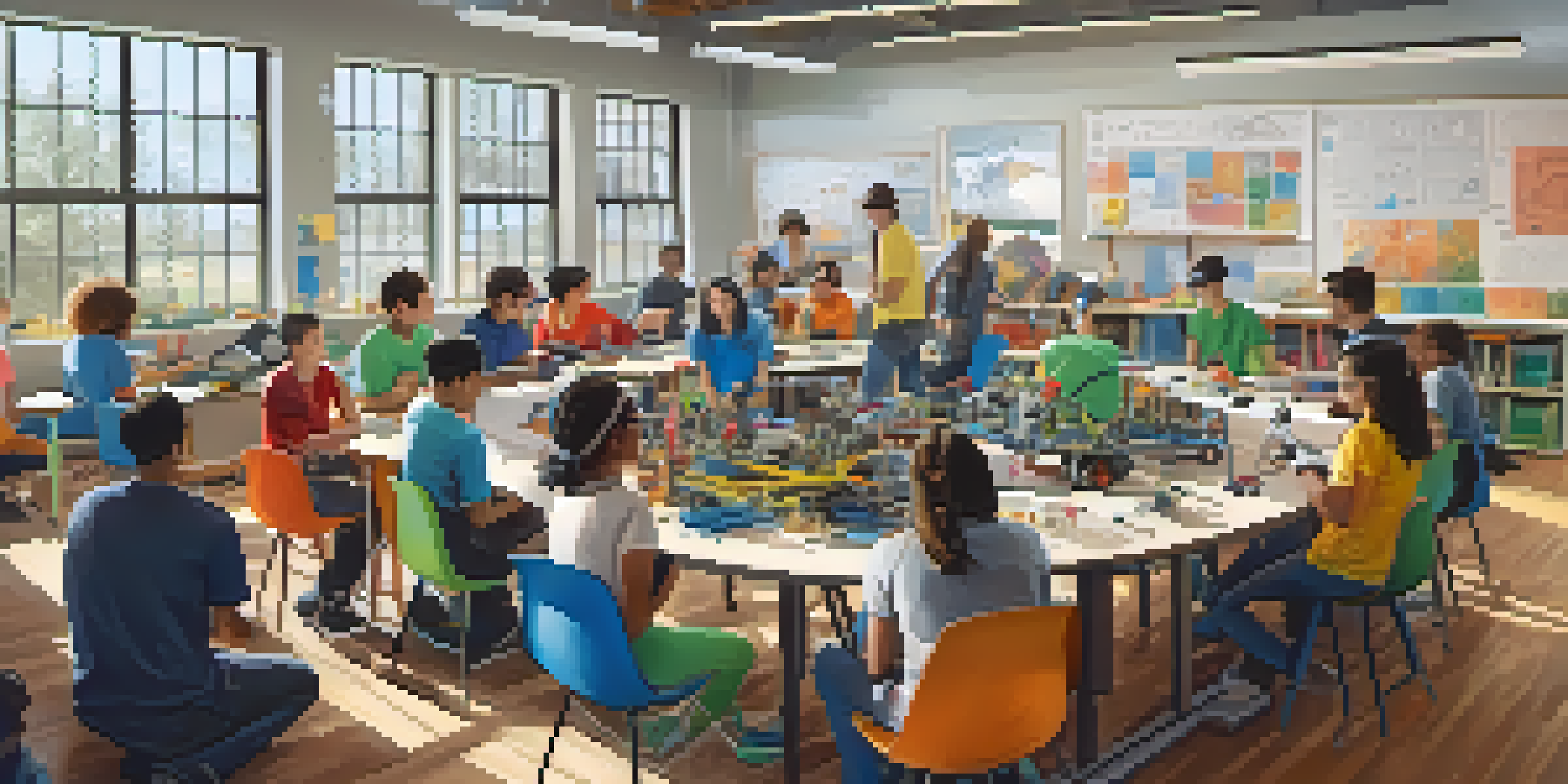 A diverse group of students working together in a bright classroom on a robotics project, with colorful materials and a whiteboard in the background.