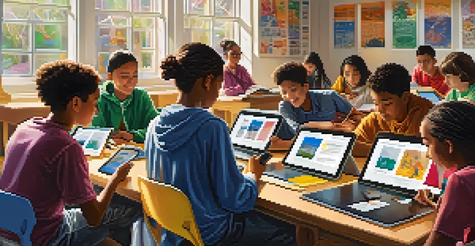 A classroom with diverse students using mobile devices to learn, surrounded by cultural posters and natural light.
